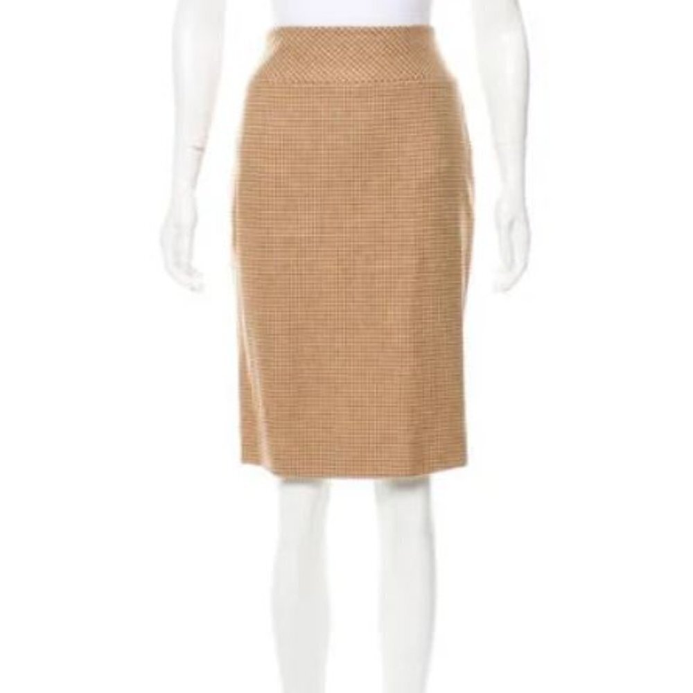 CAROLINA HERRERA Camel and Beige Wool/Cashmere Houndstooth Pencil Skirt Size 2